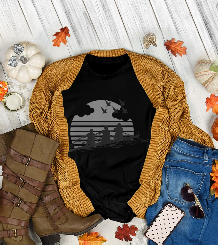 Rowing Team Sunset Lake Cute Crew Silhouette with Birds and Clouds T-Shirt