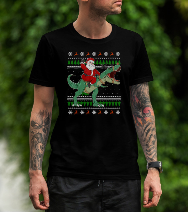 Santa Riding Dino Christmas Ugly T-Shirt