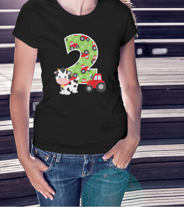 2nd Birthday Number 2 Farm Animals Tractor Cow T-Shirt
