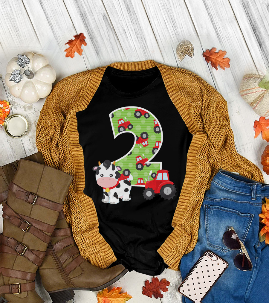 2nd Birthday Number 2 Farm Animals Tractor Cow T-Shirt