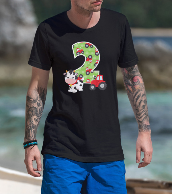 2nd Birthday Number 2 Farm Animals Tractor Cow T-Shirt