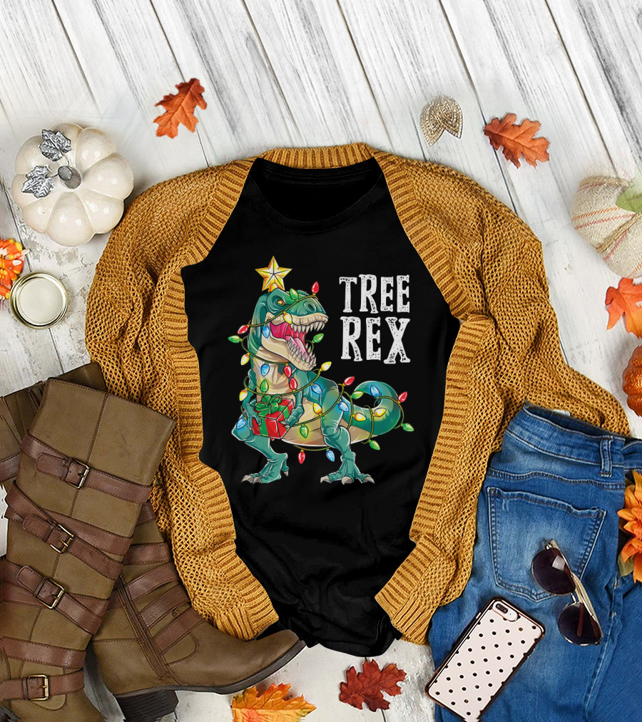 Tree Rex Dinosaur Wrapped in Christmas Lights Star T-Shirt