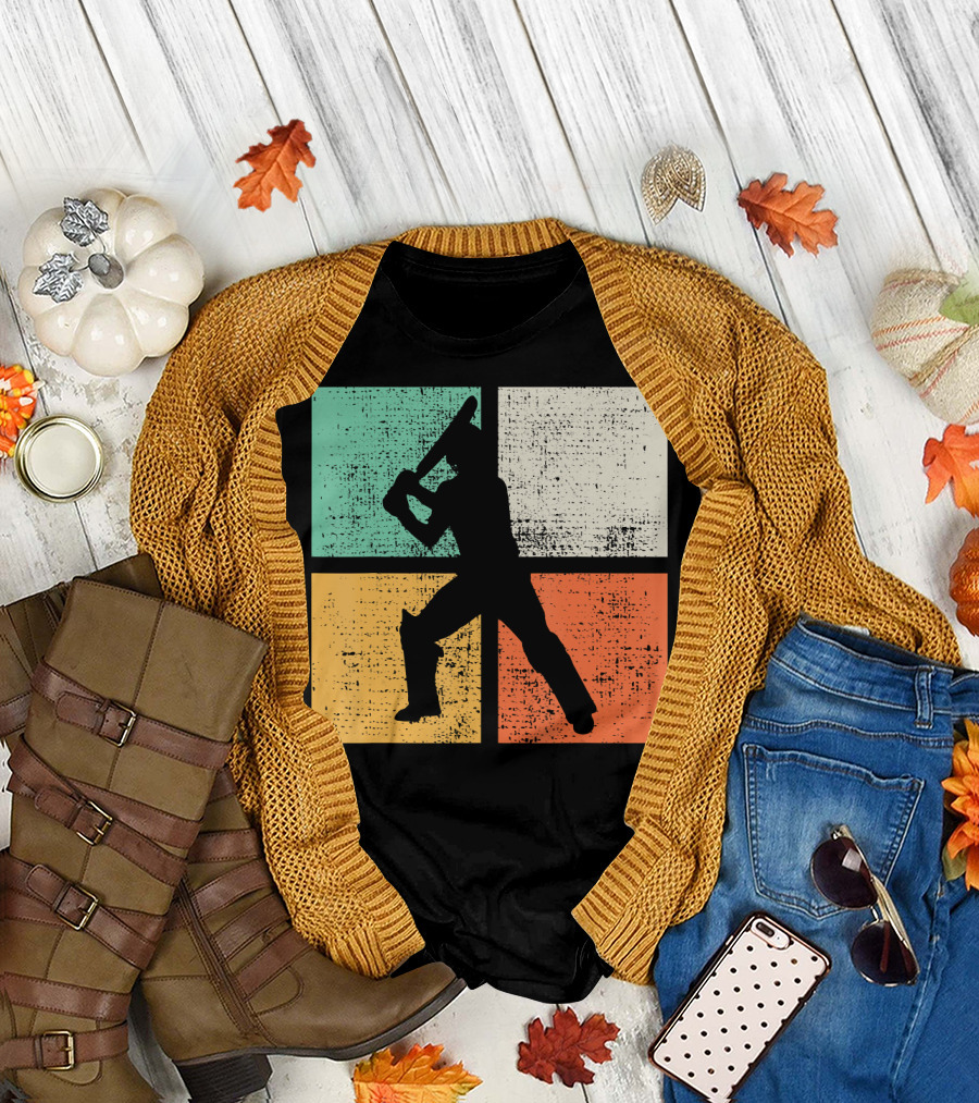 Cricket Batsman Player Coach Silhouette Color Blocks T-Shirt