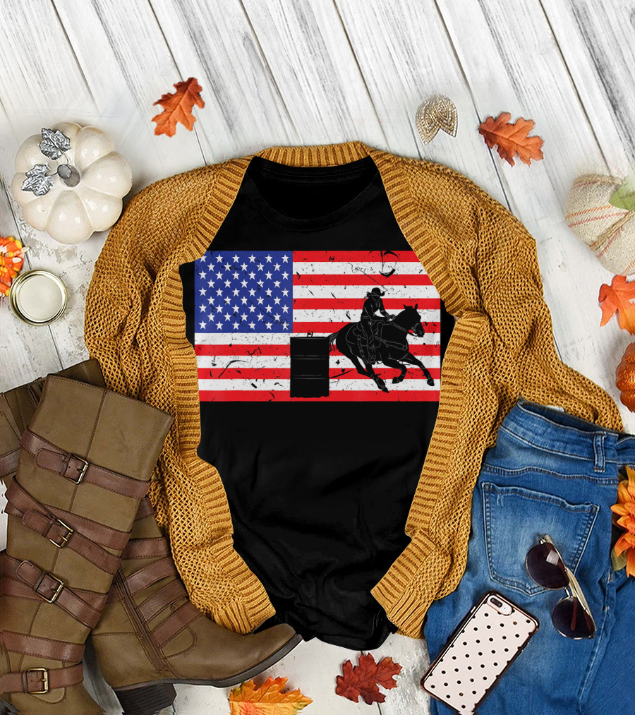 Distressed USA American Flag Barrel Racing Equestrian T-Shirt