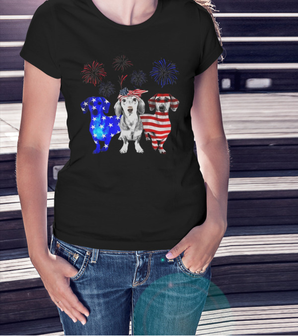 Patriotic Red Blue White Dachshund Firework Celebration 4th Of July T-Shirt