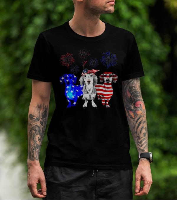 Patriotic Red Blue White Dachshund Firework Celebration 4th Of July T-Shirt