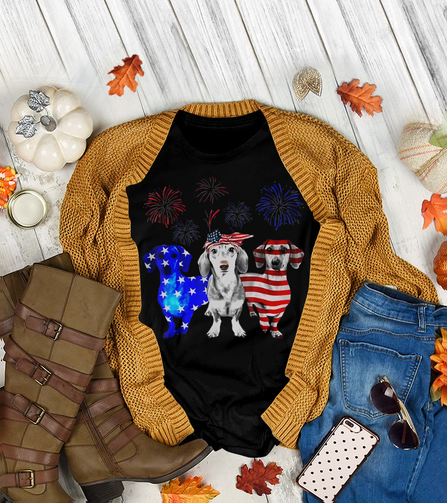 Patriotic Red Blue White Dachshund Firework Celebration 4th Of July T-Shirt