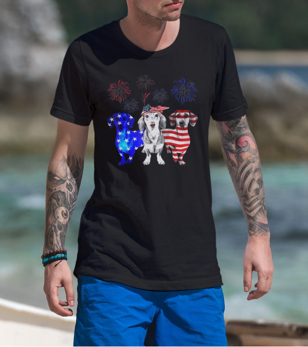 Patriotic Red Blue White Dachshund Firework Celebration 4th Of July T-Shirt