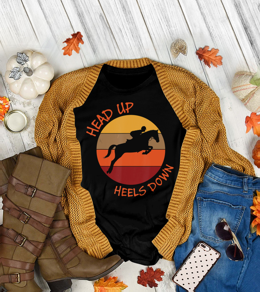 Head Up Heels Down Horse Lovers Equestrian Silhouette Vintage Sunset T-Shirt