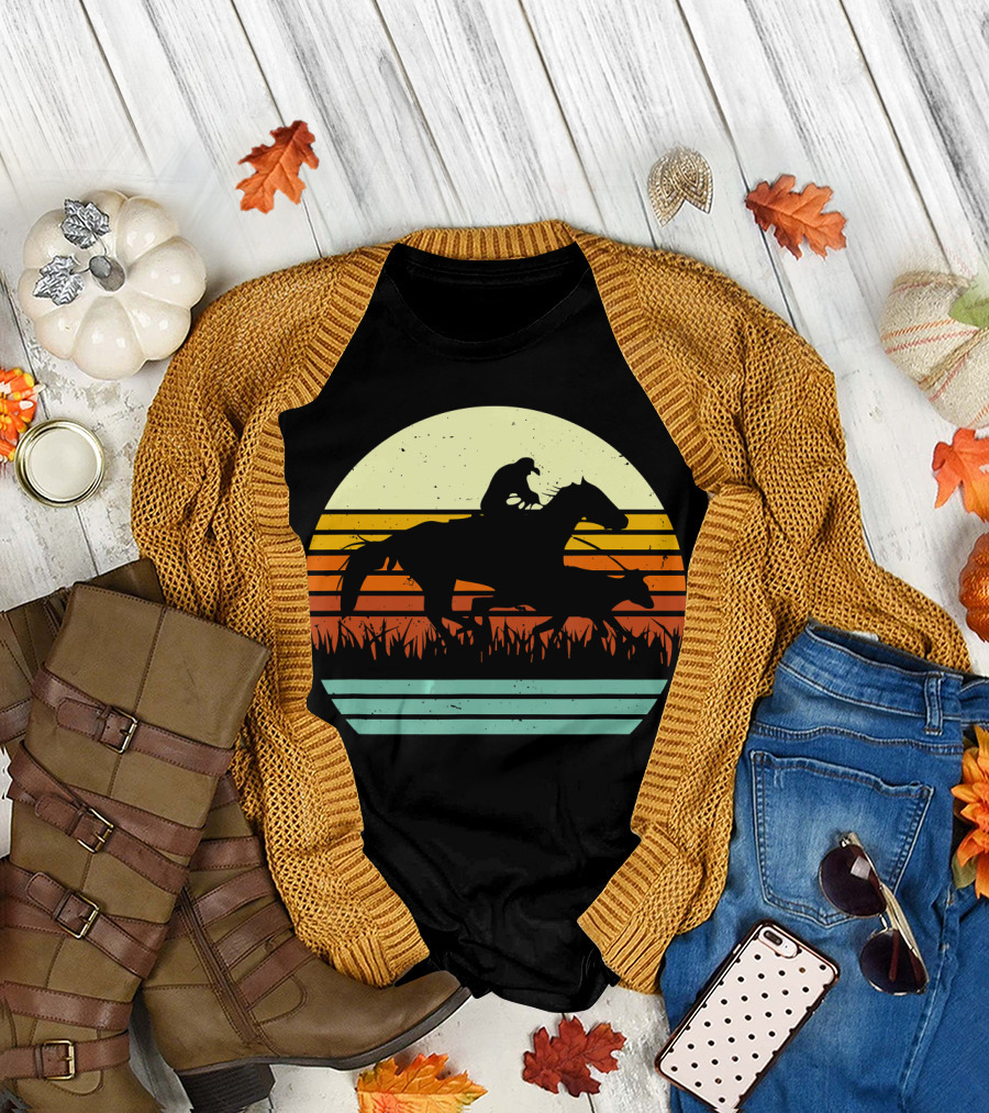 Horse and Cowboy Calf Roping Retro Sunset T-Shirt