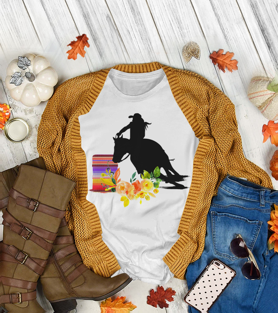 Horse Barrel Racing Silhouette with Vibrant Floral and Striped T-Shirt
