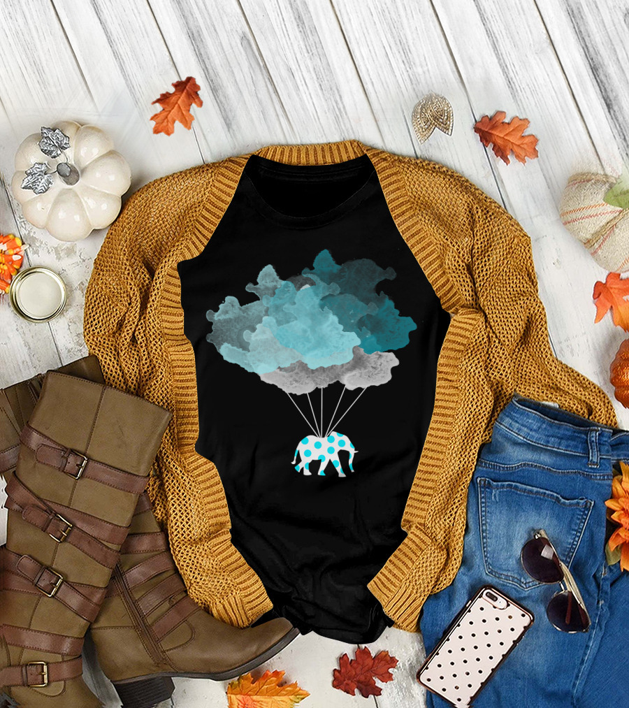 Teal Polka Dots Elephant Carried by Cloud Balloons T-Shirt