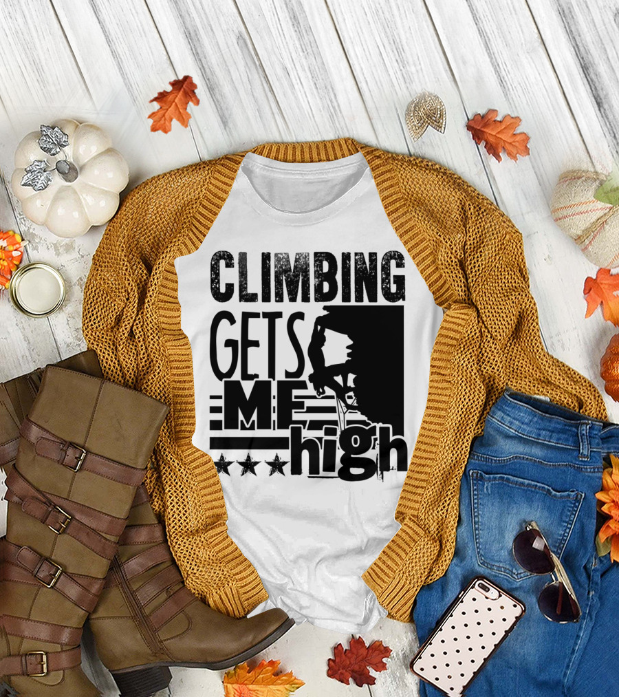 Climbing Gets Me High Rock Climbing Adventure with Stars T-Shirt