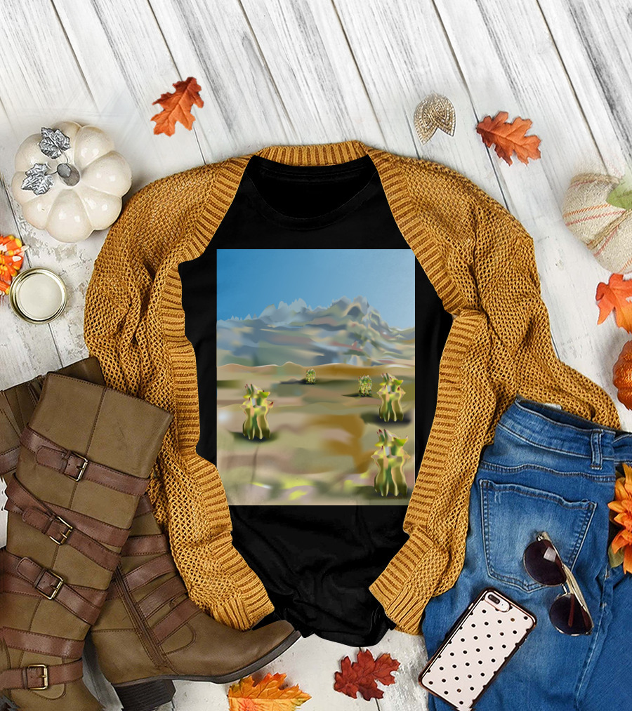 Cactus Filled Desert Landscape with Majestic Mountain Backdrop T-Shirt