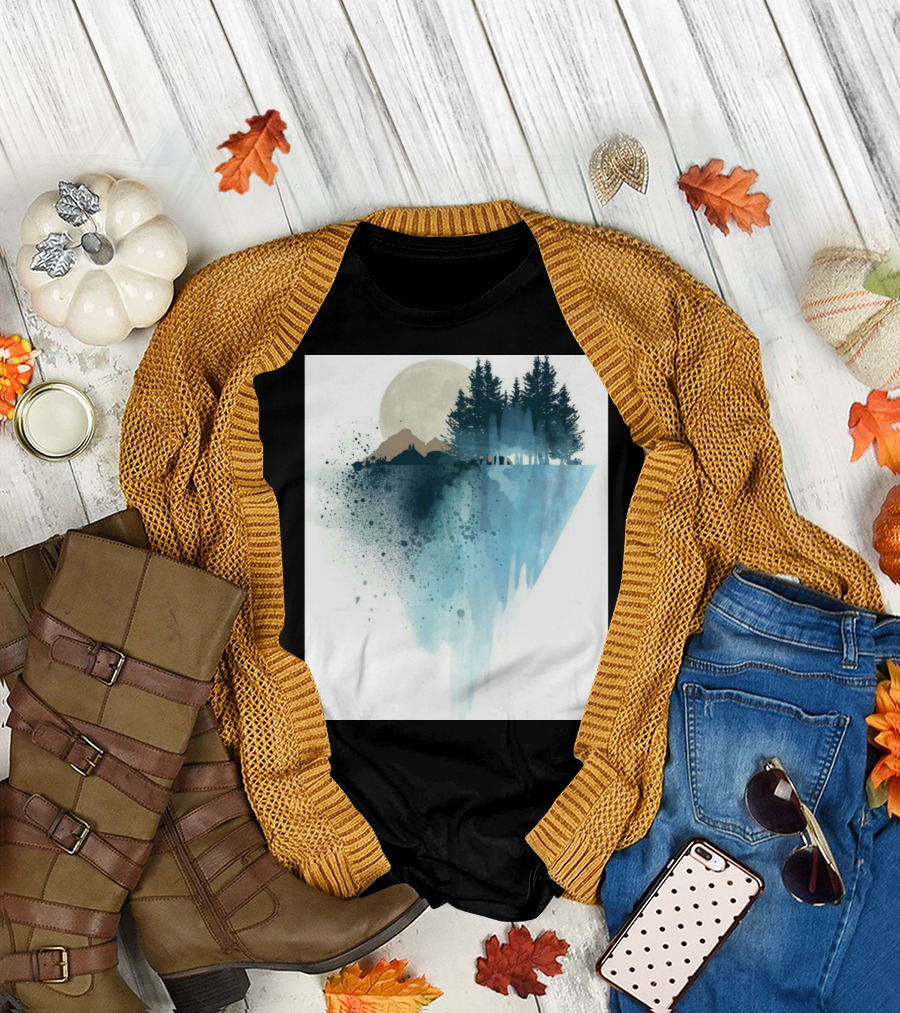 Mountain Shadows Watercolor Forest Landscape with Trees and Moon T-Shirt