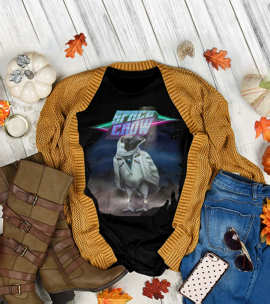 Space Crow Futuristic Galactic Bird in Astronaut Suit with Cosmic Background T-Shirt