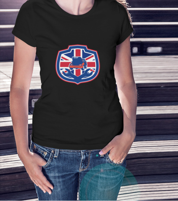 British Union Jack Car Repair Crest With Wrenches Emblem T-Shirt