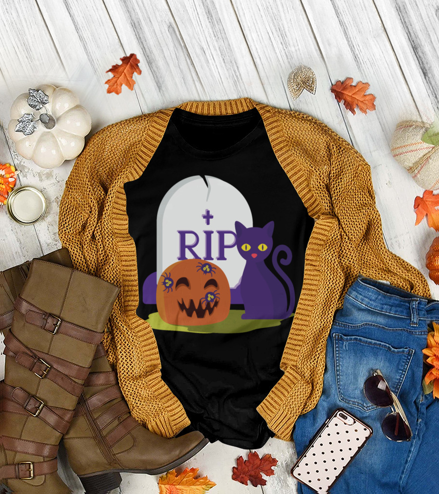 RIP Pumpkin with Spiders and Purple Cat T-Shirt