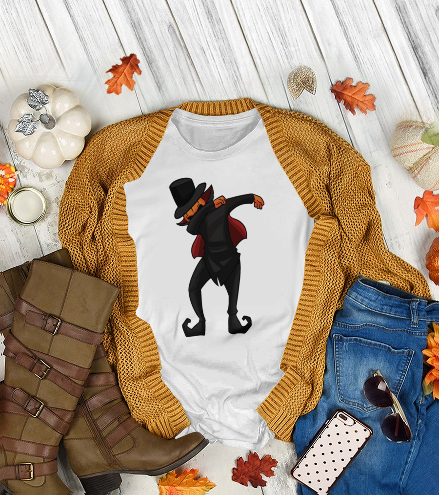 Pumpkin Man Dab with Top Hat and Red Cape T-Shirt