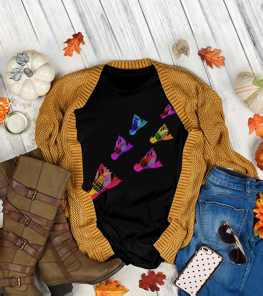 Colorful Sports Shuttlecock Illustration with Badminton Motif T-Shirt