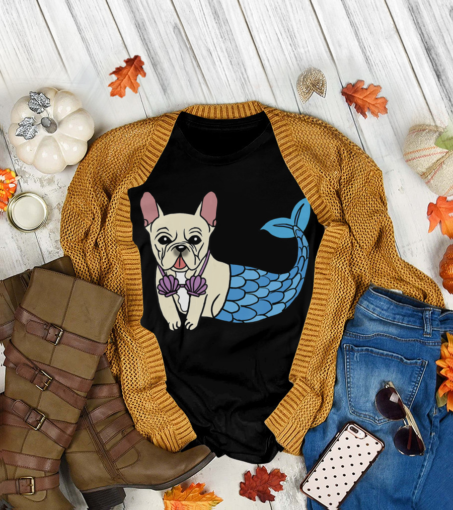 Cream French Bulldog Mermaid with Shell Bra Funny Do T-Shirt