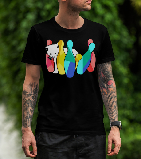 Playful Cute Cat Knocking Over Colorful Bowling Pins Kitty T-Shirt