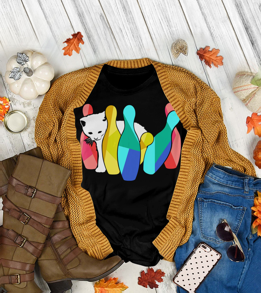 Playful Cute Cat Knocking Over Colorful Bowling Pins Kitty T-Shirt