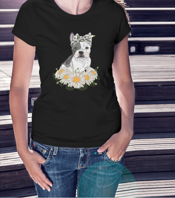 French Bulldog With Daisy Headband And Flower Garden T-Shirt