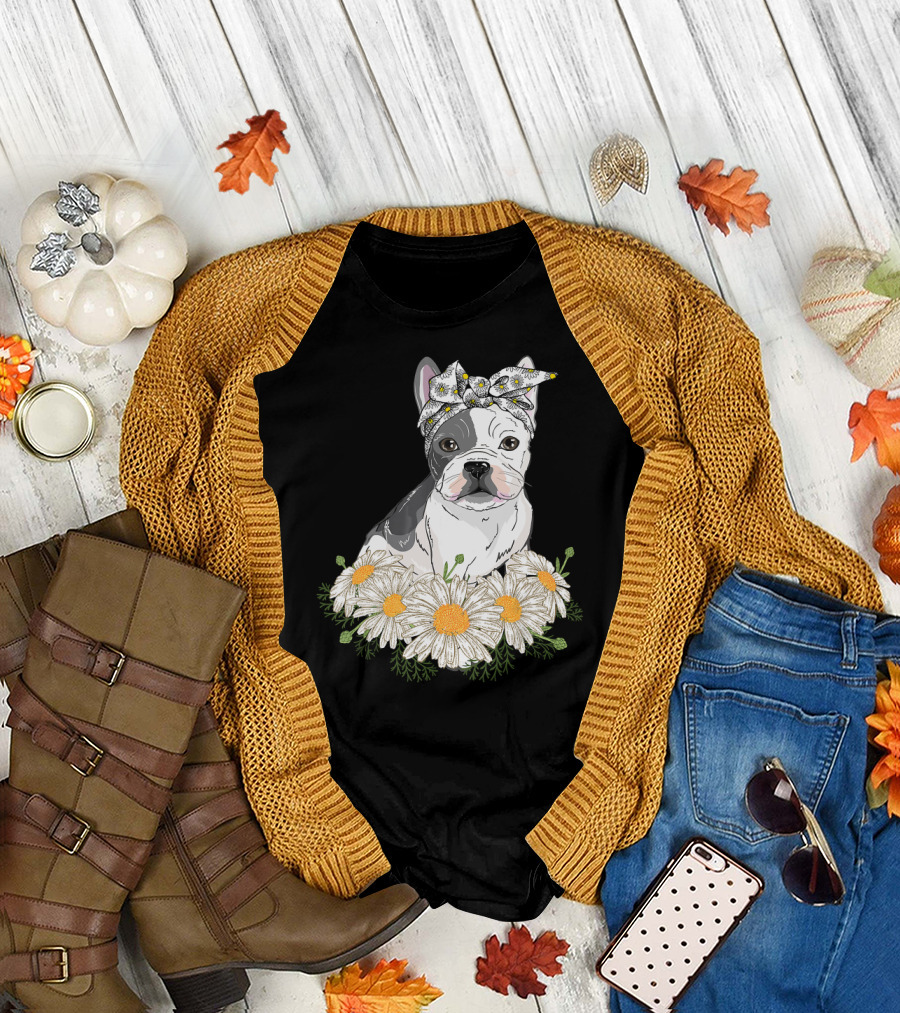 French Bulldog with Daisy Headband and Flower Garden T-Shirt