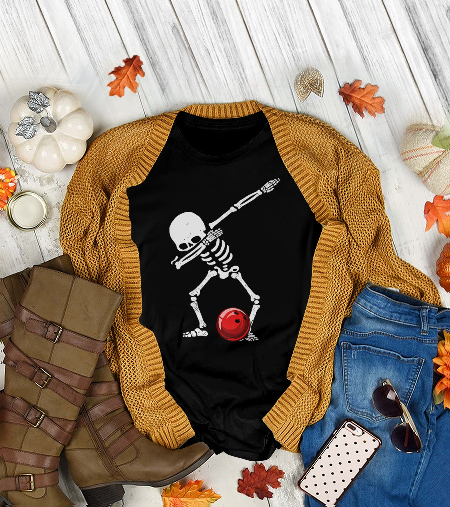 Dabbing Bowling Skeleton With Red Ball T-Shirt