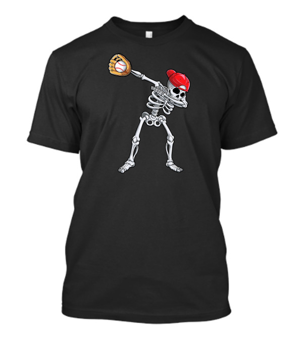 Skeleton Dabbing With Baseball Glove And Red Cap T-Shirt
