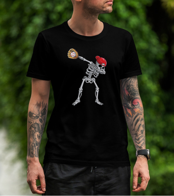 Skeleton Dabbing With Baseball Glove And Red Cap T-Shirt