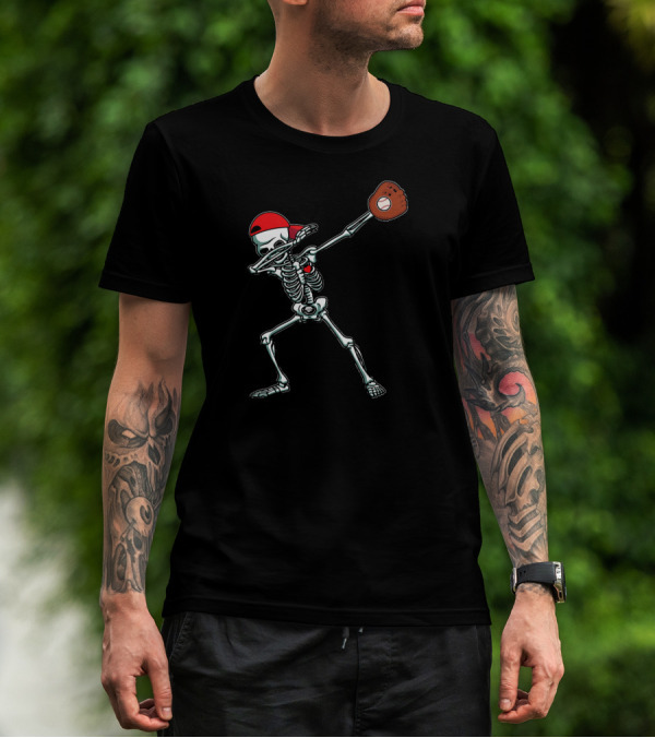 Skeleton Dabbing In Red Cap With Baseball Glove T-Shirt