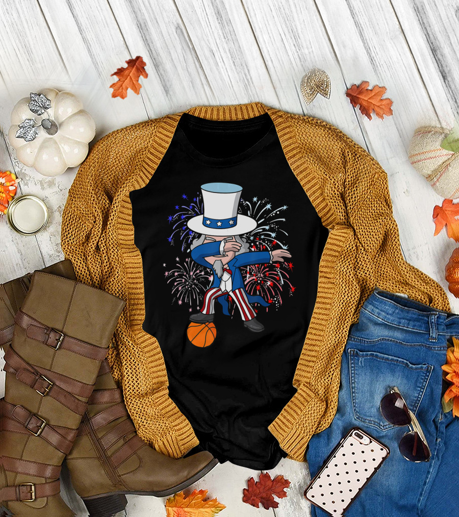 Uncle Sam Dabbing with Basketball Fireworks 4th of July Independence T-Shirt