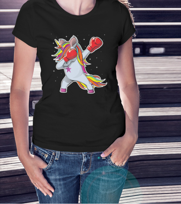 Dabbing Boxing Unicorn With Rainbow Mane And Red Gloves Girl Squad Rules T-Shirt