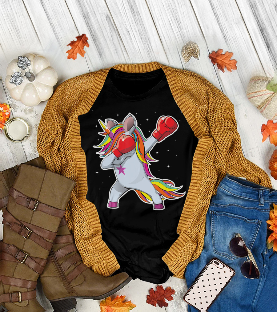 Dabbing Boxing Unicorn with Rainbow Mane and Red Gloves Girl Squad Rules T-Shirt