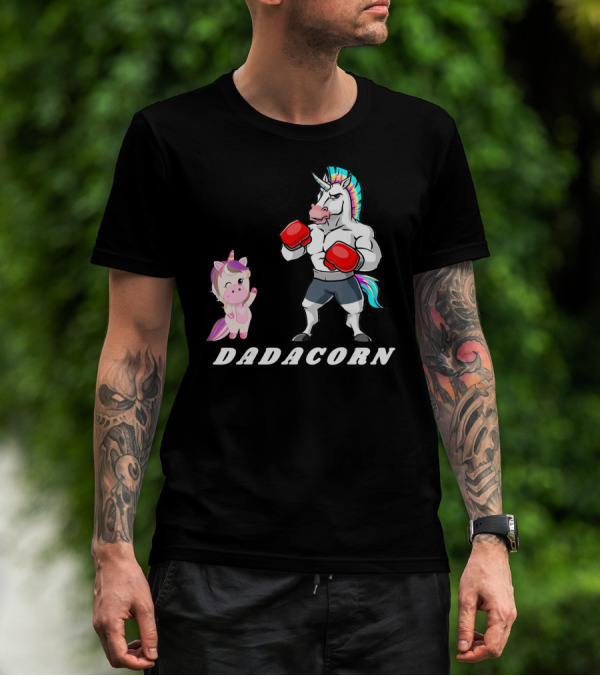 Dadacorn Boxing Unicorn Dad Baby With Muscle And Rainbow Mane T-Shirt