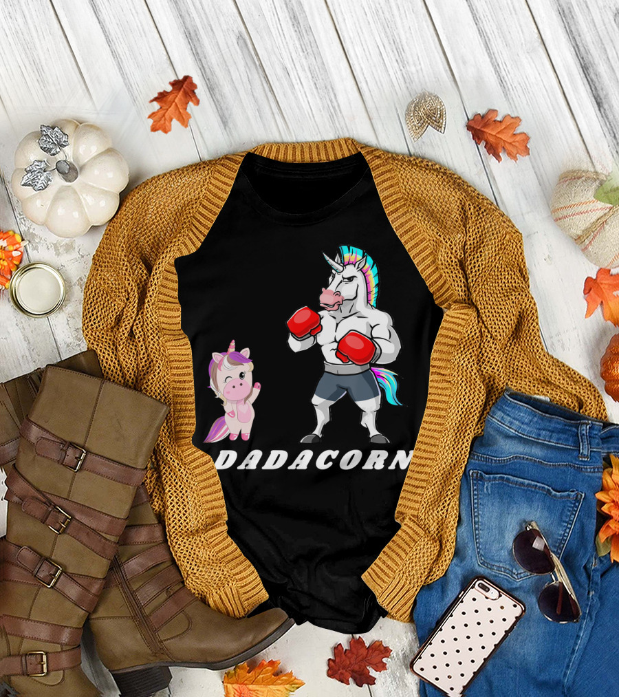 Dadacorn Boxing Unicorn Dad Baby with Muscle and Rainbow Mane T-Shirt