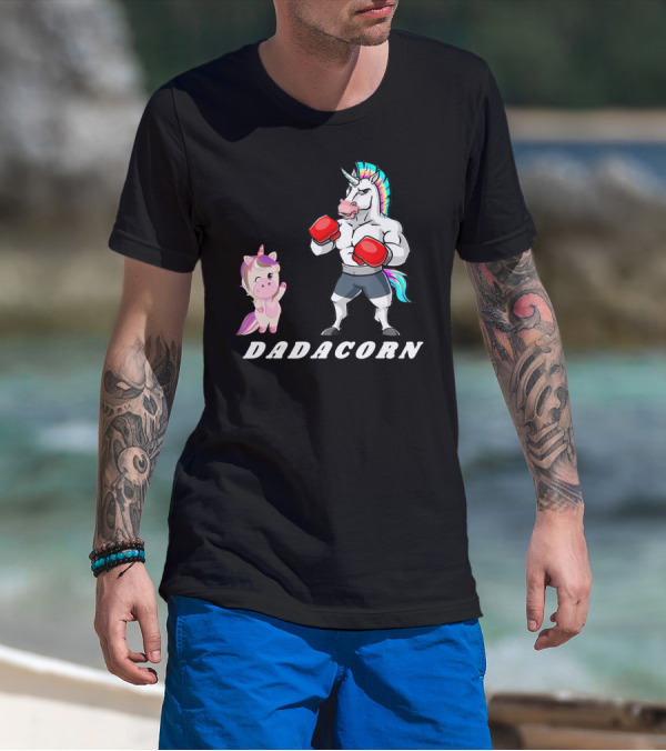 Dadacorn Boxing Unicorn Dad Baby With Muscle And Rainbow Mane T-Shirt