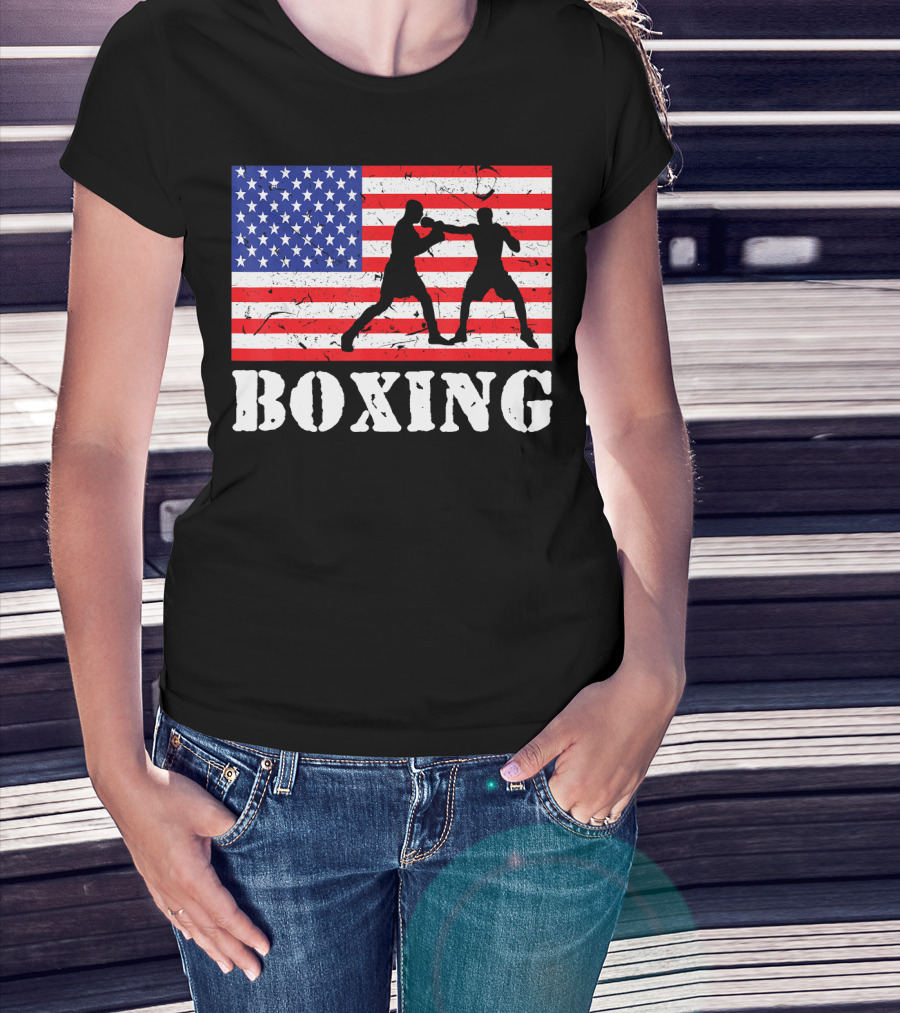 Distressed Boxing USA American Flag With Fighters T-Shirt