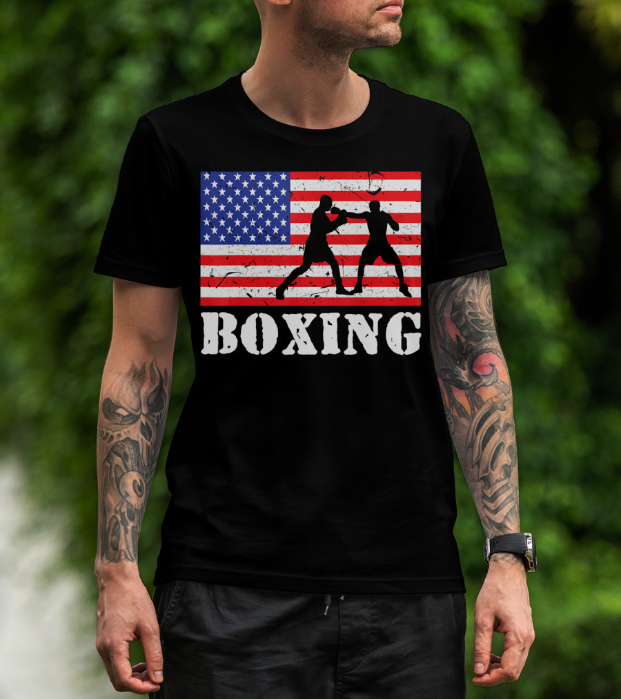 Distressed Boxing USA American Flag With Fighters T-Shirt