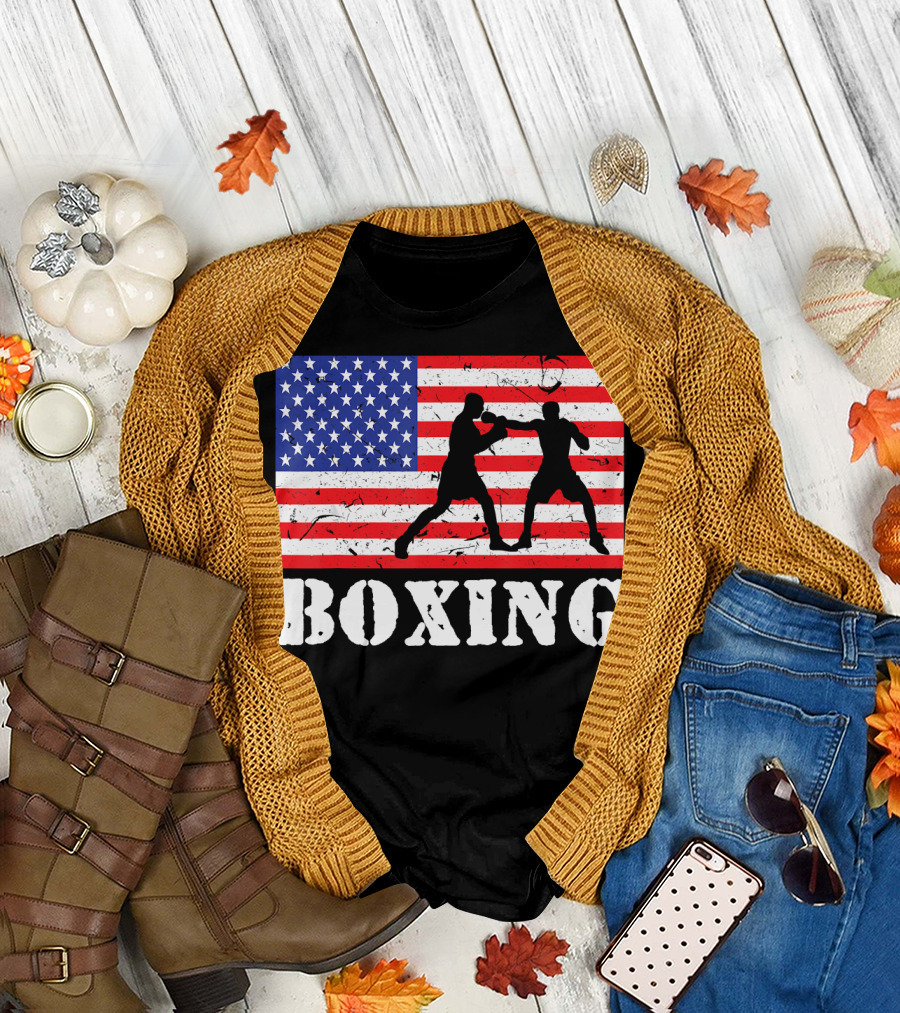 Distressed Boxing USA American Flag With Fighters T-Shirt