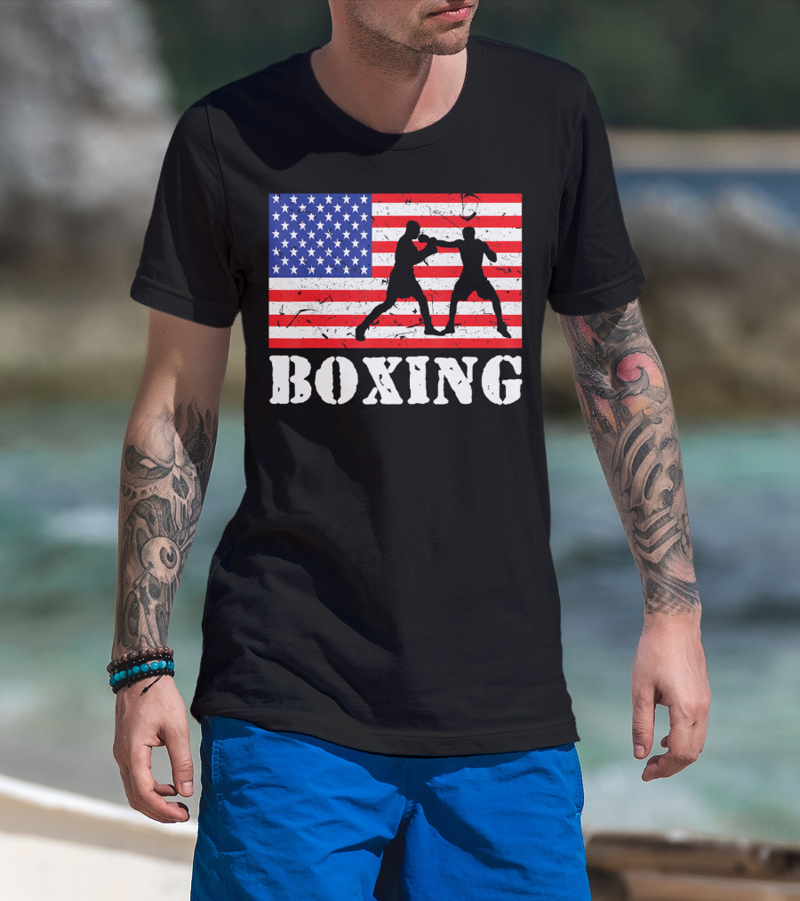 Distressed Boxing USA American Flag With Fighters T-Shirt