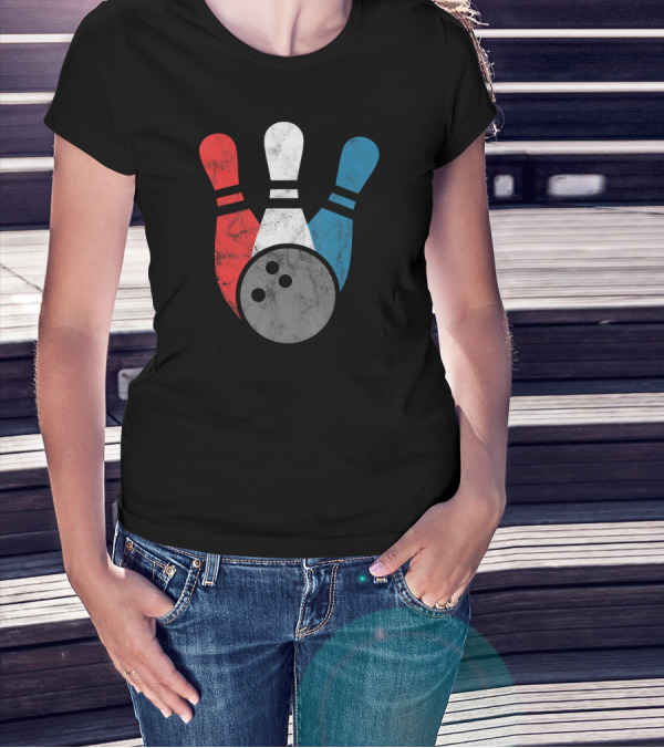 Distressed Bowling Red White Blue Bowling Pins T-Shirt