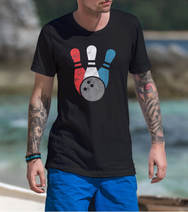 Distressed Bowling Red White Blue Bowling Pins T-Shirt