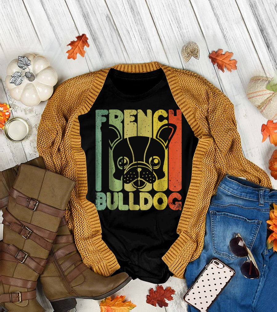 Distressed French Bulldog Vintage Rainbow Stripes T-Shirt