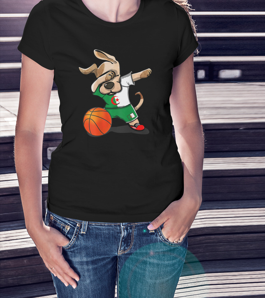 Dog Dabbing Basketball Algeria Flag Jersey T-Shirt