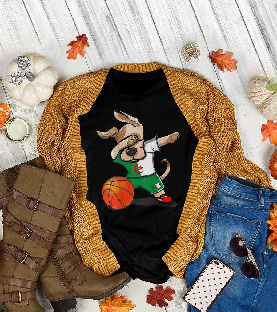 Dog Dabbing Basketball Algeria Flag Jersey T-Shirt