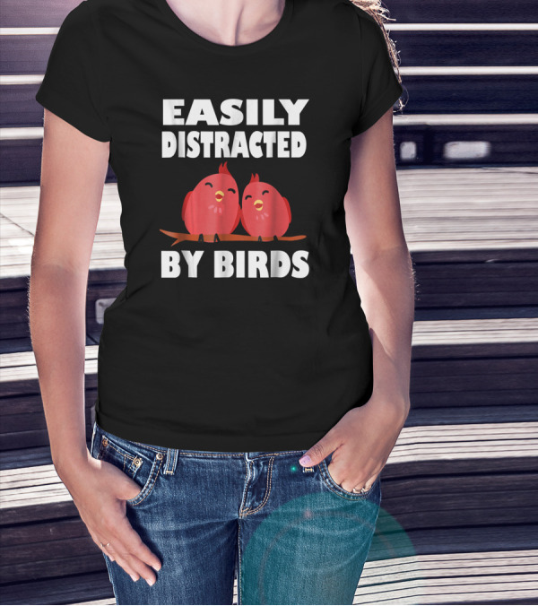 Easily Distracted By Birds Red Cartoon Style Bird Pair T-Shirt