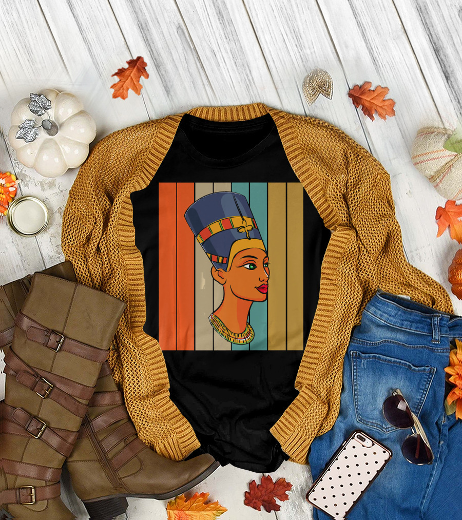Egyptian Queen Nefertiti by Pharoah Retro Stripes T-Shirt